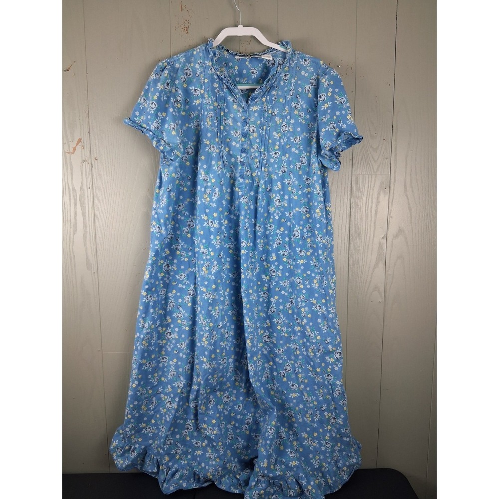 Vintage Cottagecore Dress M Loose Blue Floral Prairie Ruffle Pleats Lightweight